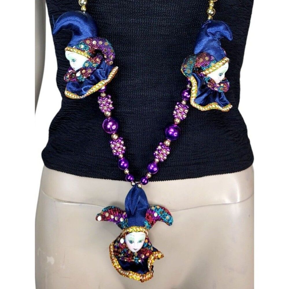 VTG Porcelain Jester Hand Painted Colorful Mardi Gras Beads Sequins Necklace NEW